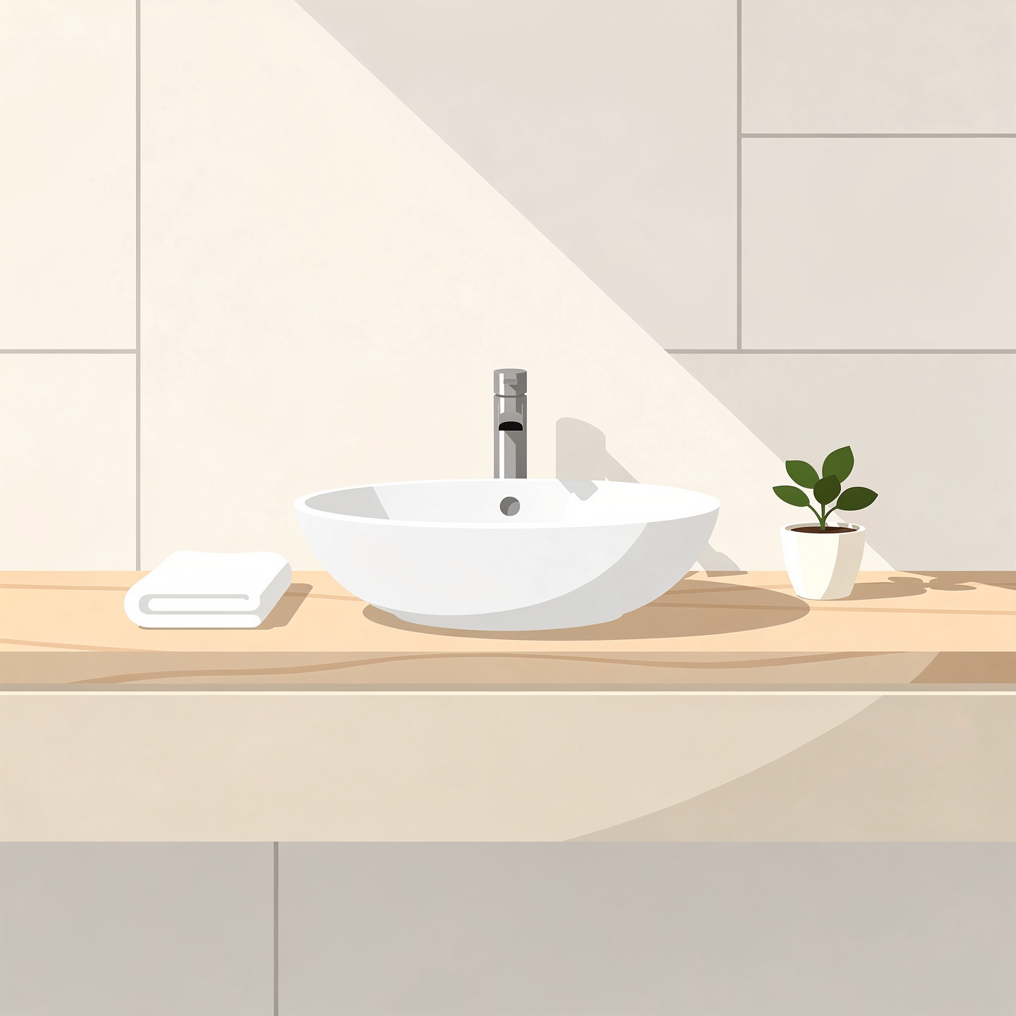 Vanitorio con lavabo sobreponer y encimera madera clara