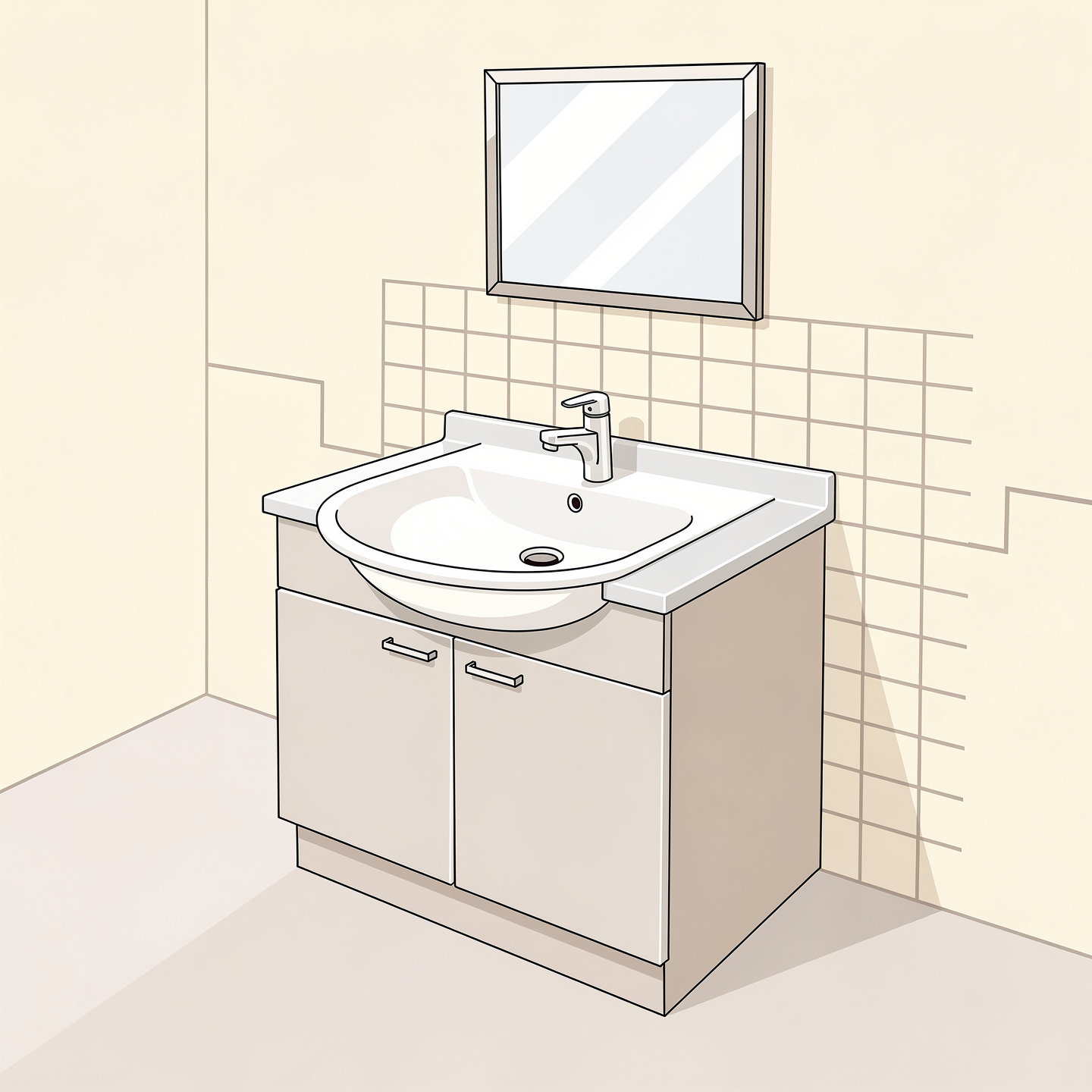 Mueble de baño con lavabo ovalado empotrado y espejo